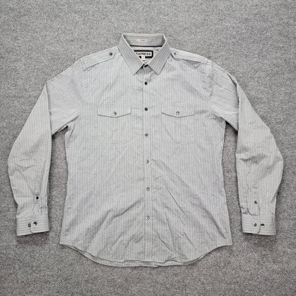 Express Shirt Mens Large 16-16.5 Gray Striped Button Up Long Sleeve Preppy - Picture 1 of 9